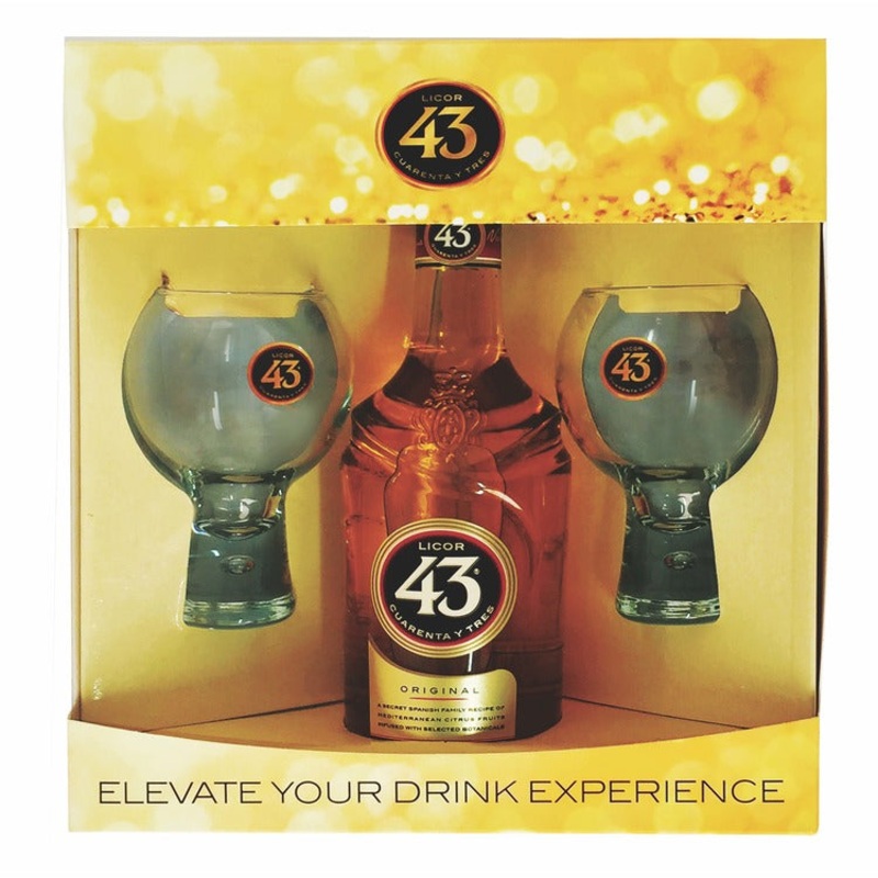 LICOR 43 HERBAL LIQUEUR 62 W/ 2 BRANDED COCKTAIL GLASSES 750ML