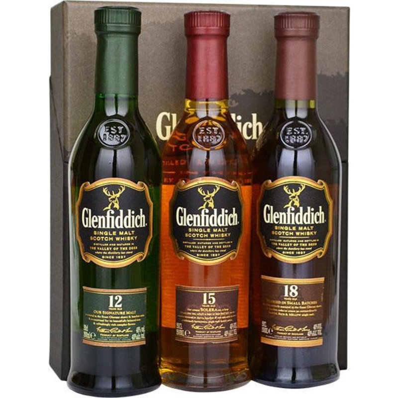 Glenfiddich 12 Year Old, 15 Year Old, 18 Year Old Single Malt Scotch Whisky Combo Pack