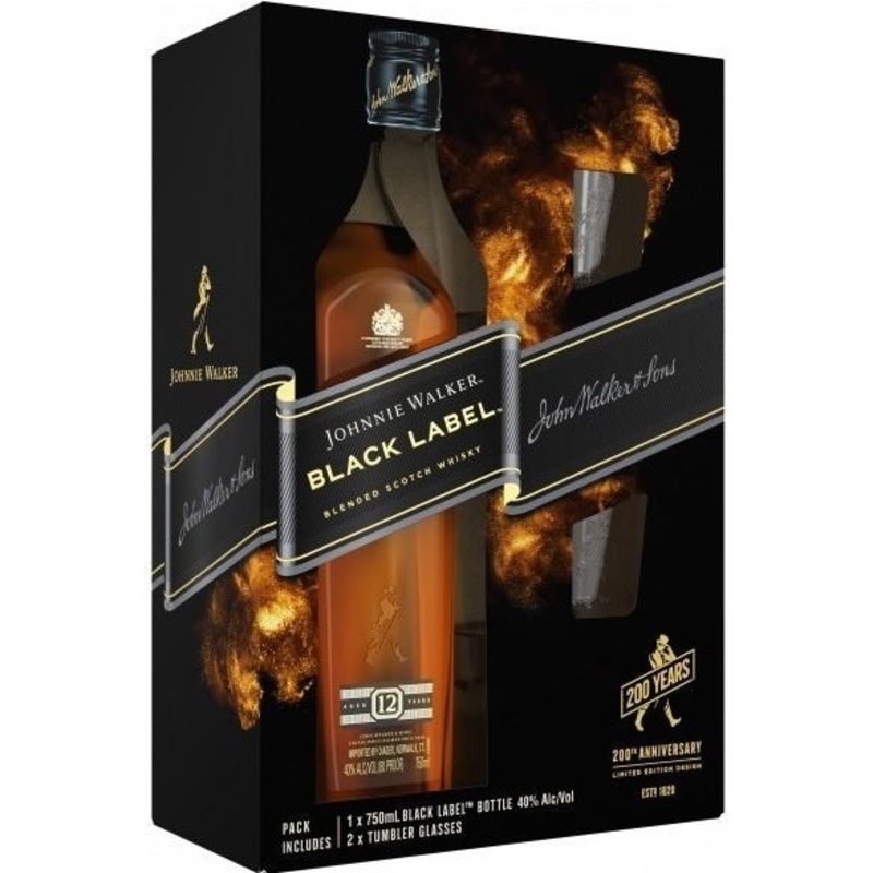 Johnnie Walker Black Label Gift Set Including One Johnnie Walker Black 750ml and Two Limited Edition Glasses