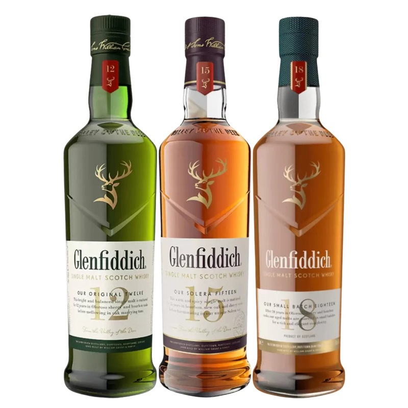 Glenfiddich 12, 15, 18 Year Scotch Whisky Bundle 750mL