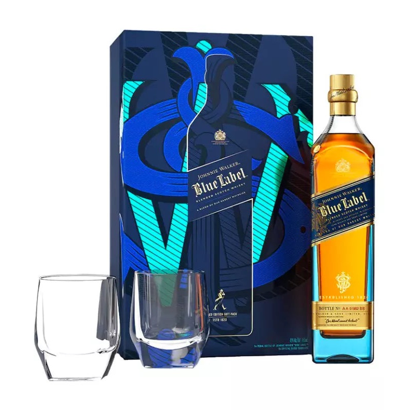 Johnnie Walker Blue Label Limited Edition Gist Set w/ 2 Crystal Glasses
