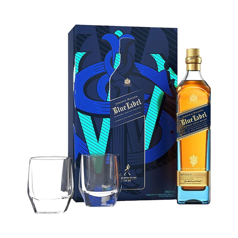 Johnnie Walker Blue Scotch Gift Set With Two Crystal Glasses