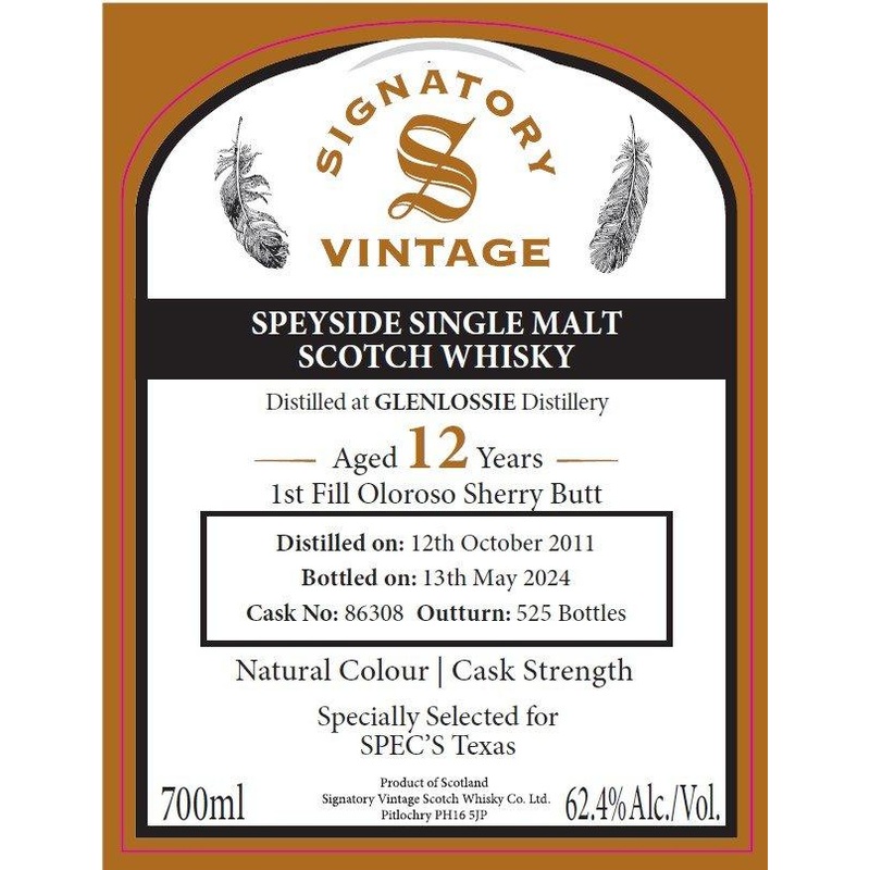 Signatory Vintage 12 Year Speyside Single Malt Scotch Whisky Glenlossie Distillery