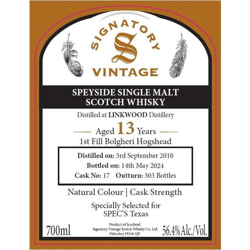 Signatory Vintage Linkwood 13 Year Old Speyside Single Malt Scotch Whisky 1st Fill Bolgheri Hogshead, Cask Strength